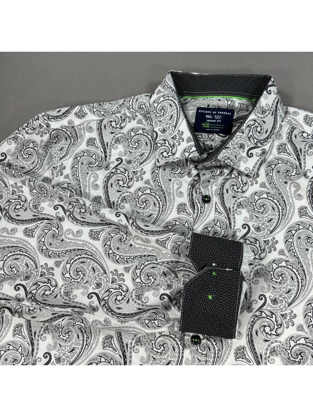 SOCIETY OF THREADS NYC POLYESTER/Spandex White PAISLEY DRESS LS SHIRT Mens XXL